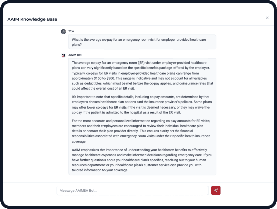 Screenshot of the AAIMEA Knowledge Bot interface, which provides users with quick answers from the AAIMEA knowledge base regarding healthcare plan details and other HR-related inquiries. The image is part of a user interface that promotes the chatbot's ability to offer instant, reliable data insights.