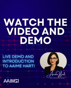 Graphic with bold white and neon blue text reading “AI That Actually Gets HR – AAIM’s AI in HR Week & Introducing AAIME Hart!” on a dark, tech-themed background with a glowing grid. On the right, there is a professional portrait of a confident woman with short dark hair, red lipstick, glasses, and a blazer—representing "Aaime Hart," AAIM’s AI-driven HR advisor. Her signature-style name and the tagline “Your AI-Driven HR Advisor” appear below her image.