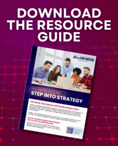 Promotional graphic for "AI in HR Week – Day 1: Step Into Strategy" hosted by AAIM on Monday, July 14, 2025. The image shows a diverse group of smiling professionals gathered around a laptop, with bright, modern branding. The headline reads: “You’re Not Just Checking Boxes. You’re Building the Plan.” The message emphasizes using AI strategically in HR roles and encourages viewers to watch a demo, with a QR code provided for access.