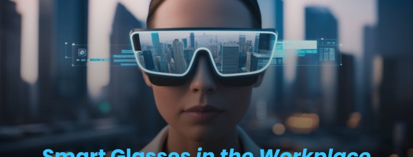 Smart glasses in the workplace — woman wearing AR smart glasses displaying data overlays against a city skyline backdrop