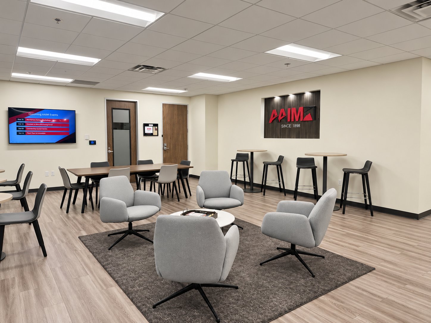 AAIM St. Louis lounge with soft seating and the AAIM Since 1898 sign